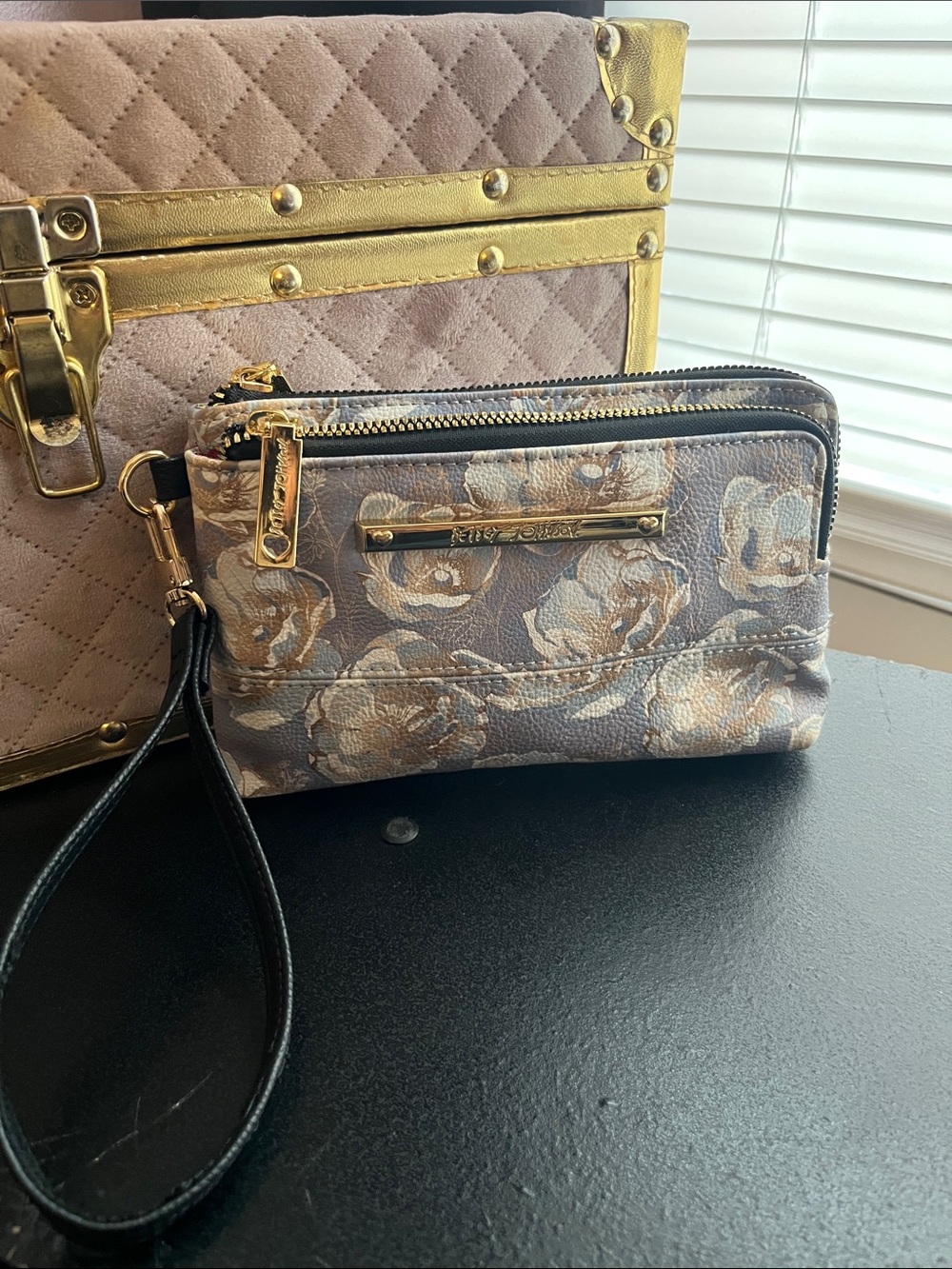 Betsey Johnson Taupe and Gold Floral Wristlet Clutch
